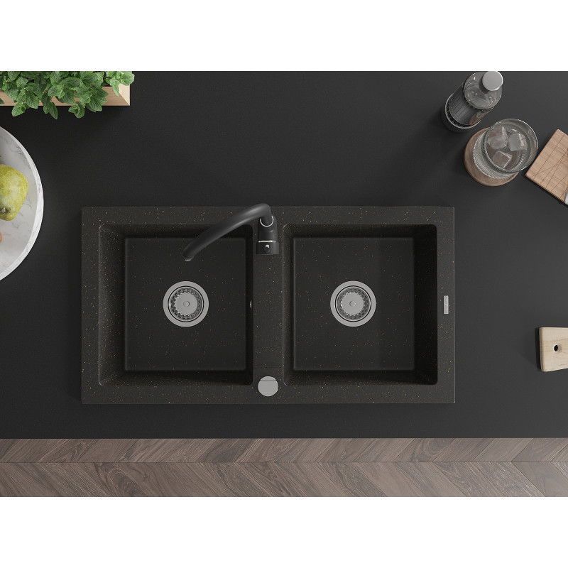 Mexen Mario granitinis dviejų kamerų plautuvė su Telma virtuviniu maišytuvu, juodas/auksinis - 6504-75-670200-70