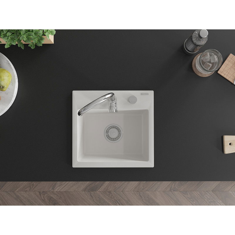 Mexen Milo granitinis virtuvės plautuvės 1 skyrius su virtuviniu maišytuvu Telma, baltas - 6505-20-670200-00