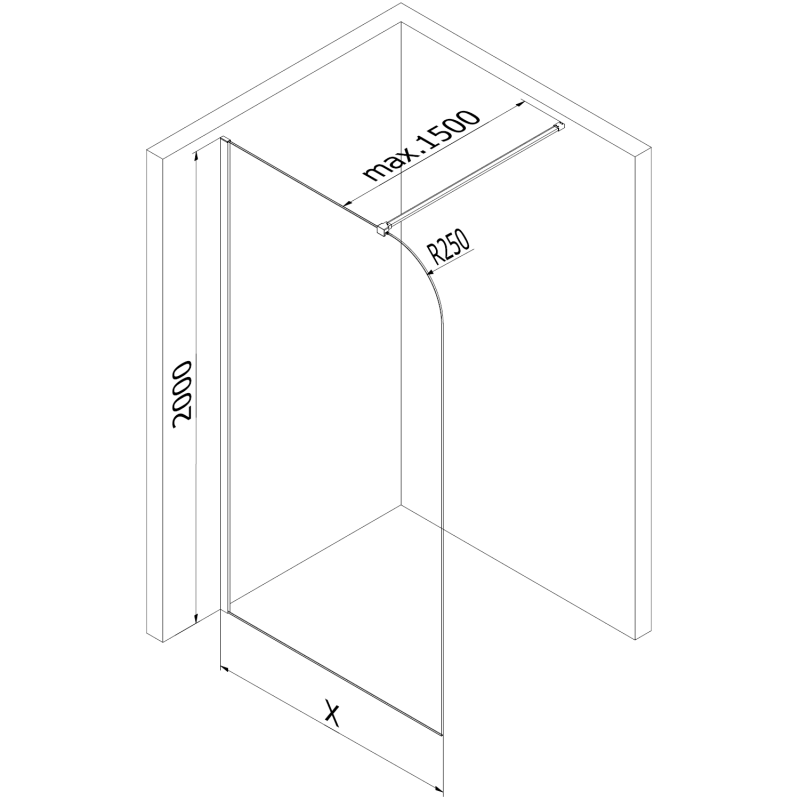 Mexen Kioto-P dušo sienelė Walk-in 120 x 200 cm, permatoma 8 mm, juoda - 800-120-101-70-00-P