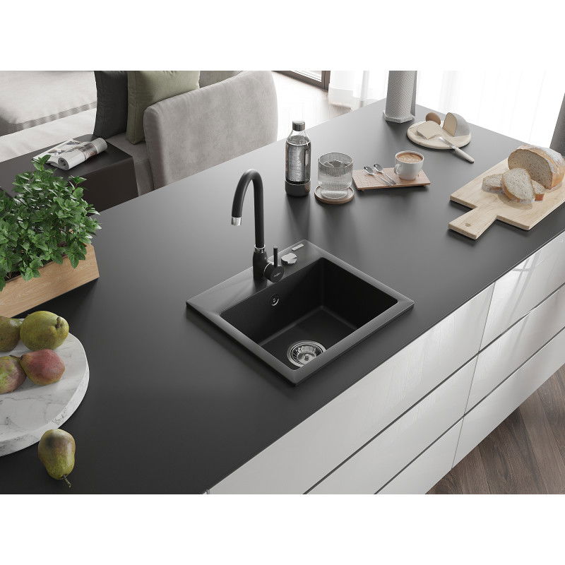 Mexen Milo granitinis virtuvės plautuvas su viena plautuve ir Telma maišytuvu, juodas - 6505-77-670200-70