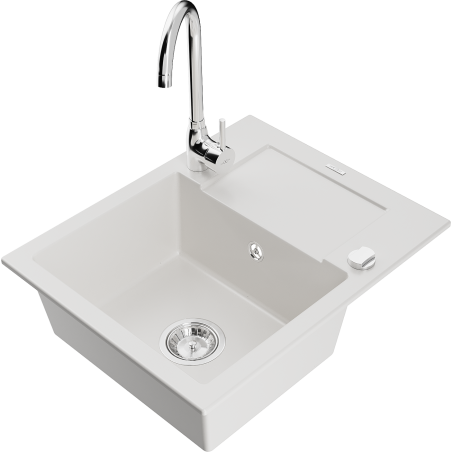 Mexen Enzo granito plautuvė su viena kamera, lašėjimo skydu ir Telma virtuviniu maišytuvu, balta - 6506-20-670200-00