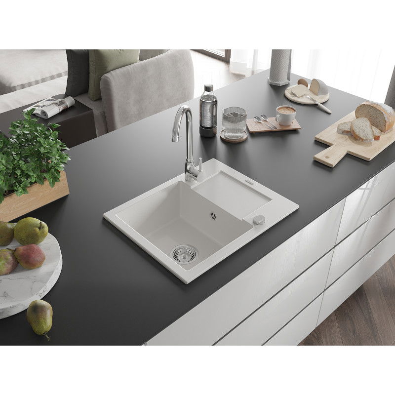 Mexen Enzo granito plautuvė su viena kamera, lašėjimo skydu ir Telma virtuviniu maišytuvu, balta - 6506-20-670200-00