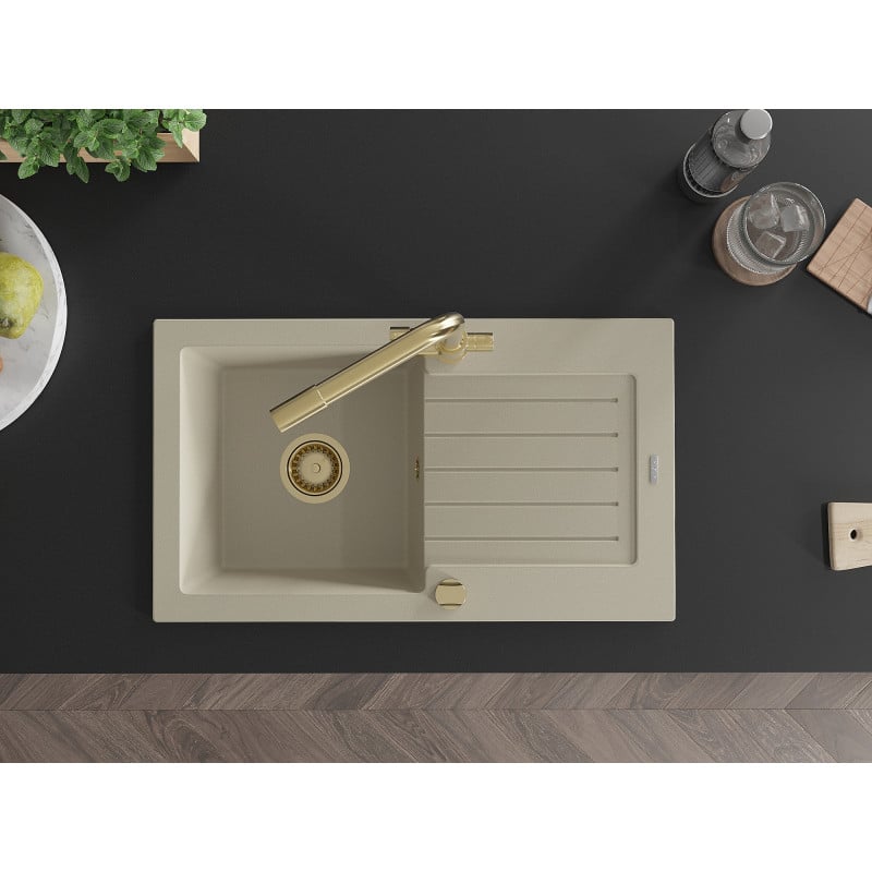 Mexen Pablo vienos kameros granito kriauklė su drenažu ir virtuviniu maišytuvu Duero, smėlio spalvos - 6510-69-671600-50