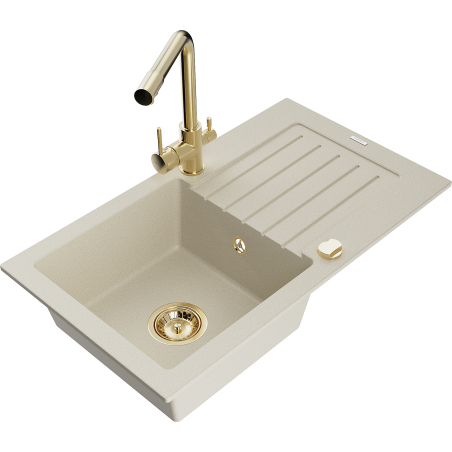 Mexen Pablo vienos kameros granito kriauklė su drenažu ir virtuviniu maišytuvu Duero, smėlio spalvos - 6510-69-671600-50