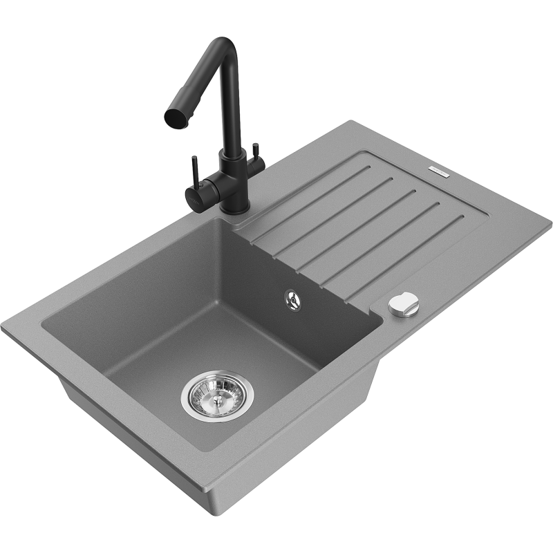 Mexen Pablo granito plautuvė su vienu dubeniu, nusausinimo lentynėle ir virtuviniu maišytuvu Duero, pilka - 6510-71-671600-70