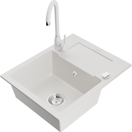 Mexen Enzo granitinė vienos sekcijos kriauklė su drenažu ir virtuviniu maišytuvu Telma, balta - 6506-20-670200-20