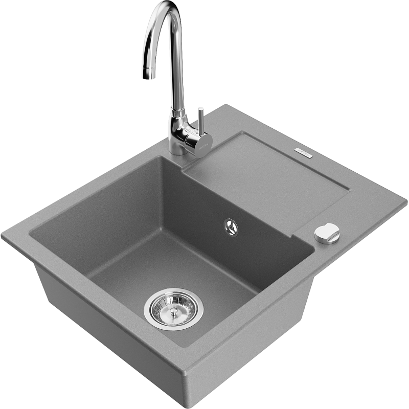 Mexen Enzo vientisas granito plautuvas su nutekėjimo funkcija ir virtuviniu maišytuvu Telma, pilkas - 6506-71-670200-00