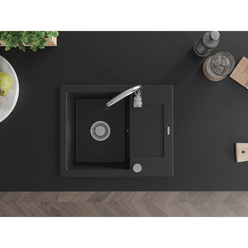 Mexen Enzo granitinis 1-sekcijos plautuvė su nuožulnumu ir virtuviniu maišytuvu Telma, juoda/sidabrinė - 6506-73-670200-00