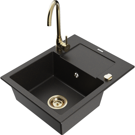 Mexen Enzo granitinis plautuvės komplektas su čiaupu Telma, juoda/auksinė - 6506-75-670200-50