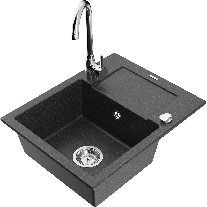 Mexen Enzo granitinė 1 skyrelio plautuvė su nuvarvėjimo funkcija ir virtuviniu maišytuvu Telma, juodos spalvos su