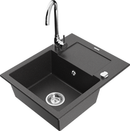 Mexen Enzo granitinė 1 skyrelio plautuvė su nuvarvėjimo funkcija ir virtuviniu maišytuvu Telma, juodos spalvos su