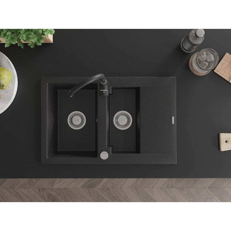 Mexen Gaspar grindinis granito kriauklė su 1,5 skyriaus ir nutekėjimu bei virtuvės maišytuvu Telma, juoda/sidabrinė