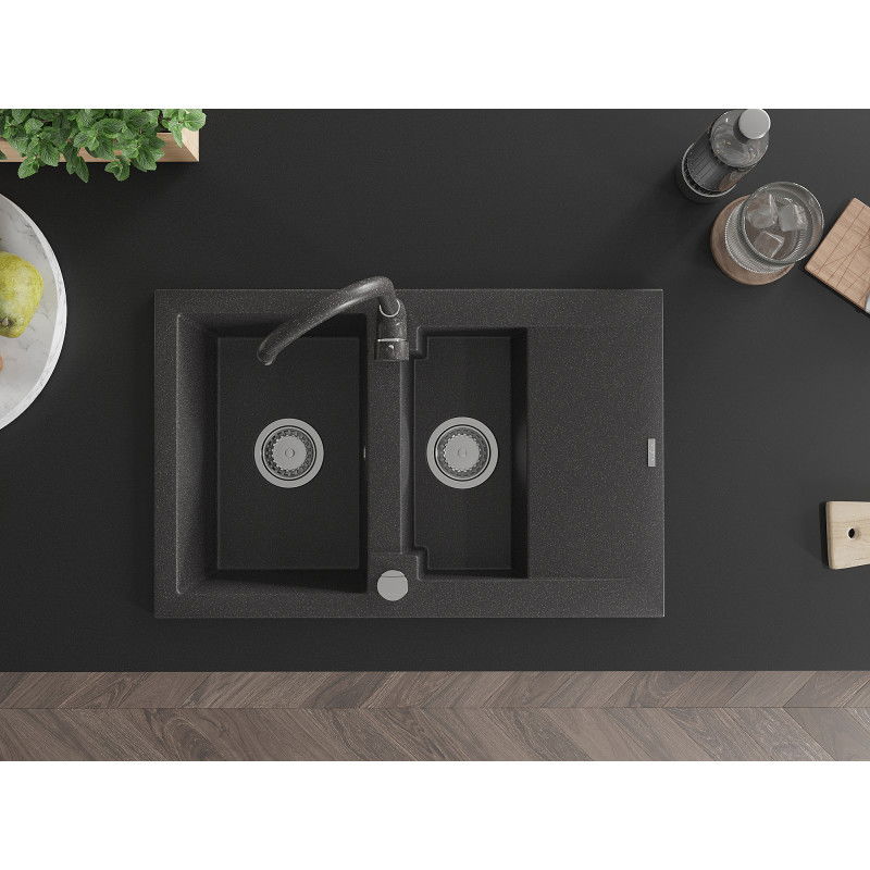 Mexen Gaspar granito plautuvė 1,5 skylių su džiovykle ir virtuviniu maišytuvu Telma, juoda taškuota - 6507-76-670200-76