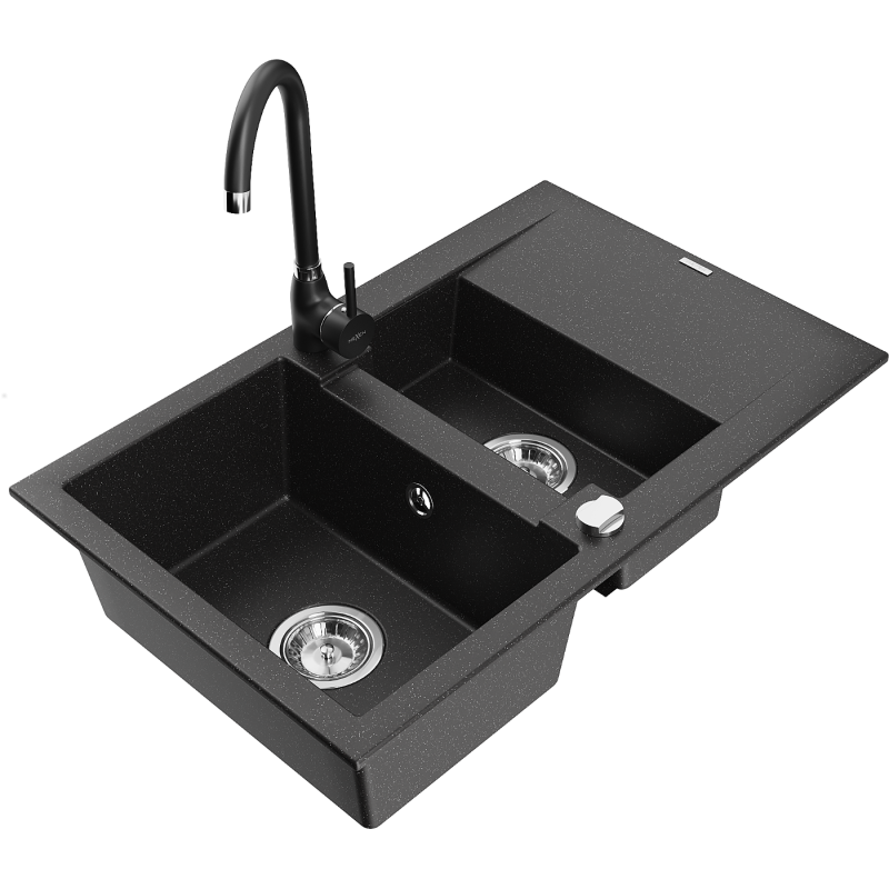 Mexen Gaspar grindinis granito kriauklė su 1,5 skyriaus ir nutekėjimu bei virtuvės maišytuvu Telma, juoda/sidabrinė