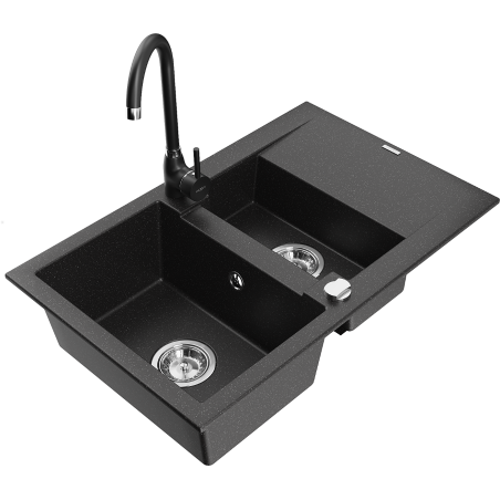 Mexen Gaspar grindinis granito kriauklė su 1,5 skyriaus ir nutekėjimu bei virtuvės maišytuvu Telma, juoda/sidabrinė