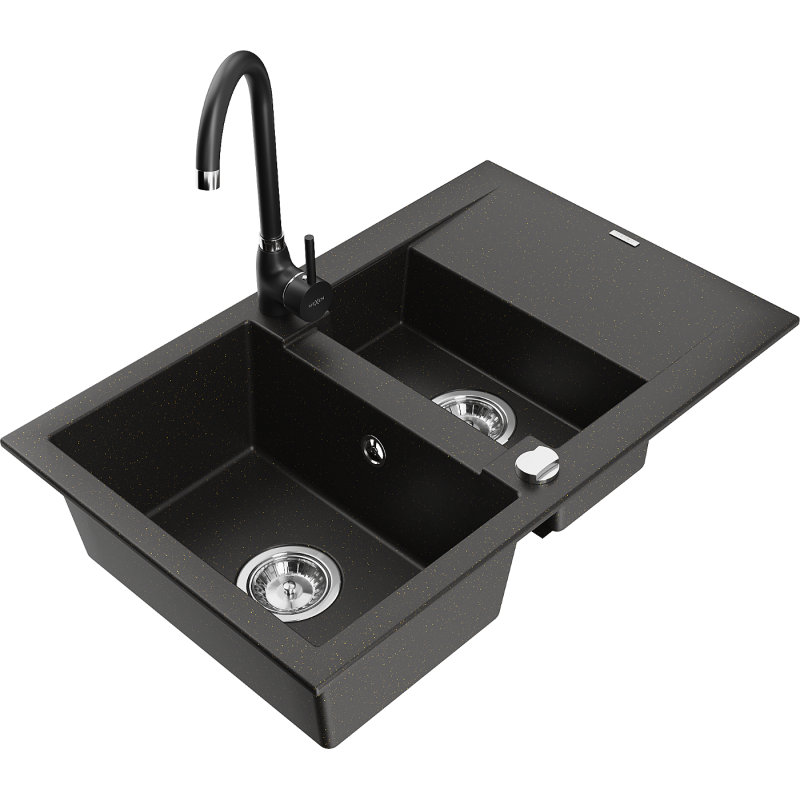 Mexen Gaspar granito plautuvė 1,5 kameros su džiovykla ir virtuviniu maišytuvu Telma, juoda/auksinė - 6507-75-670200-70