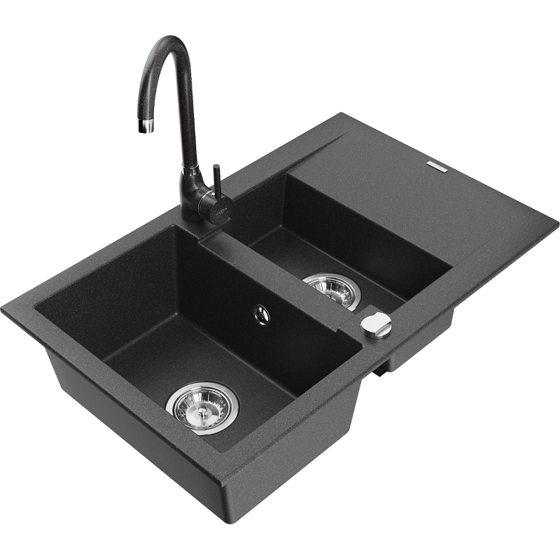 Mexen Gaspar granito plautuvė 1,5 skylių su džiovykle ir virtuviniu maišytuvu Telma, juoda taškuota - 6507-76-670200-76