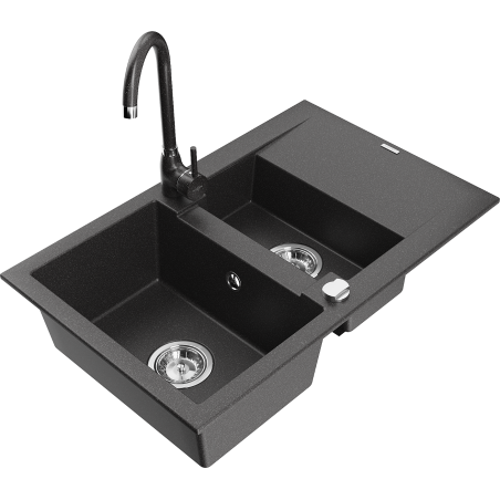 Mexen Gaspar granito plautuvė 1,5 skylių su džiovykle ir virtuviniu maišytuvu Telma, juoda taškuota - 6507-76-670200-76