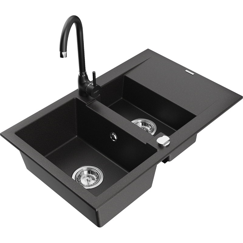 Mexen Gaspar granito plautuvė su 1,5 kamera, lašintuvas ir Telma maišytuvas, juoda - 6507-77-670200-70