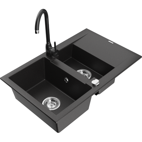 Mexen Gaspar granito plautuvė su 1,5 kamera, lašintuvas ir Telma maišytuvas, juoda - 6507-77-670200-70