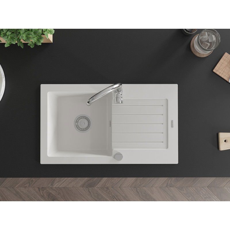 Mexen Pablo granitinė plautuvė su vienu dubeniu ir nutekėjimu bei virtuviniu maišytuvu Telma, balta - 6510-20-670200-00
