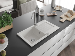 Mexen Pablo granitinė plautuvė su vienu dubeniu ir nutekėjimu bei virtuviniu maišytuvu Telma, balta - 6510-20-670200-00