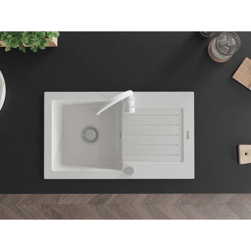 Mexen Pablo granito virtuvinė kriauklė su vienu skyriumi ir nutekėjimo paviršiumi bei Telma čiaupu, balta - 6510-20-670200-20