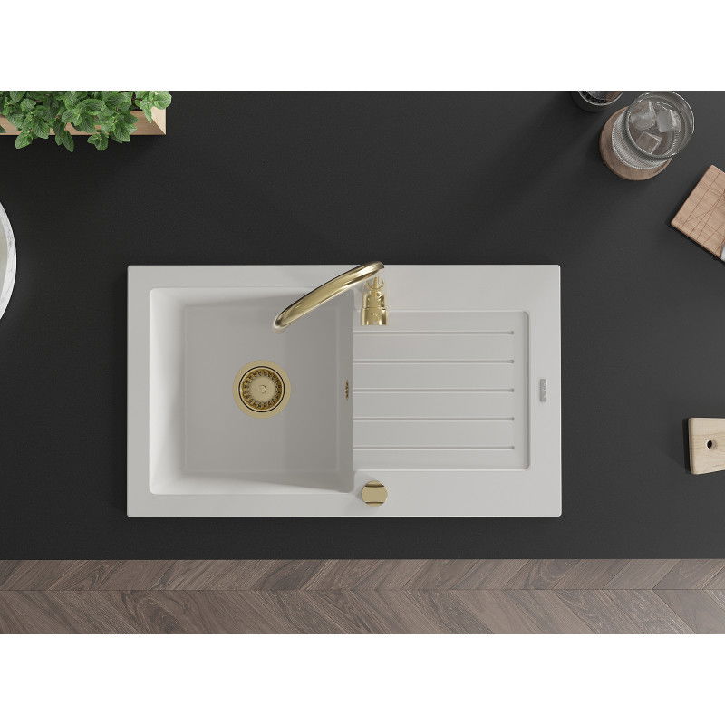 Mexen Pablo granitinis plautuvė 1 skyrelio su džiovintuvu ir virtuviniu maišytuvu Telma, baltas - 6510-20-670200-50