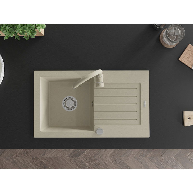 Mexen Pablo granitinis vienos kameros plautuvė su nusausintuvu ir virtuviniu maišytuvu Telma, smėlio - 6510-69-670200-69