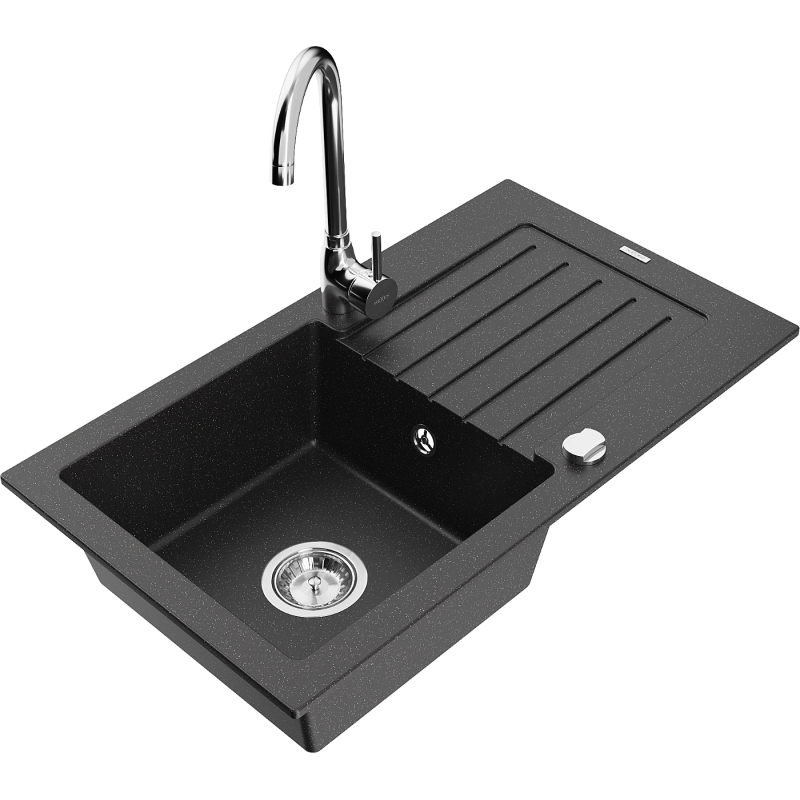 Mexen Pablo granitinė vienos plautuvės kriauklė su nuvarvėjimo lentyna ir virtuviniu maišytuvu Telma, juoda/sidabrinė