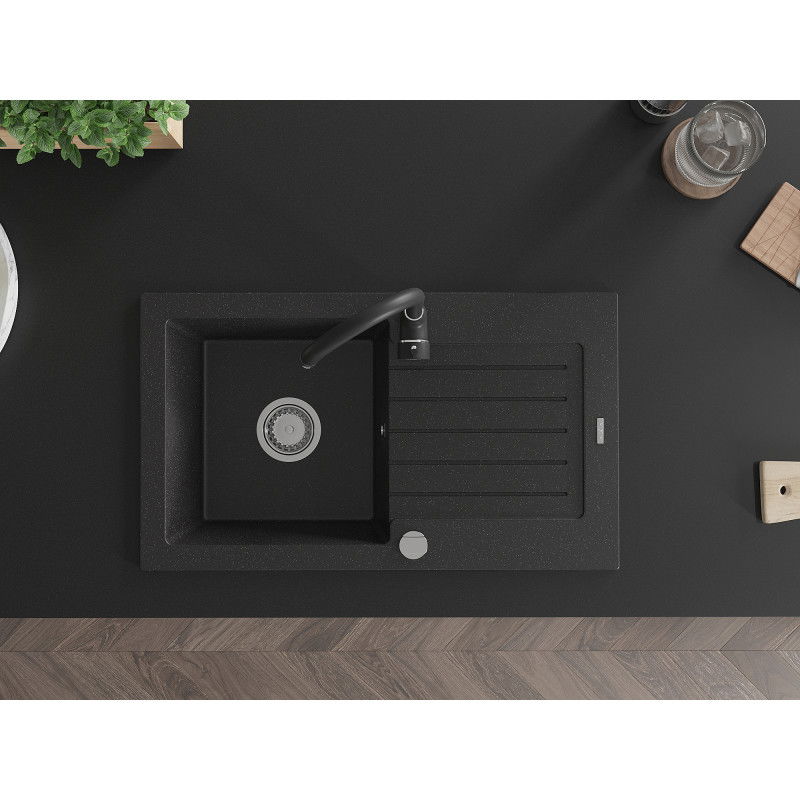 Mexen Pablo granitinis vieno dubens plautuvas su lašėjimu ir virtuvės maišytuvu Telma, juodas/sidabrinis - 6510-73-670200-70