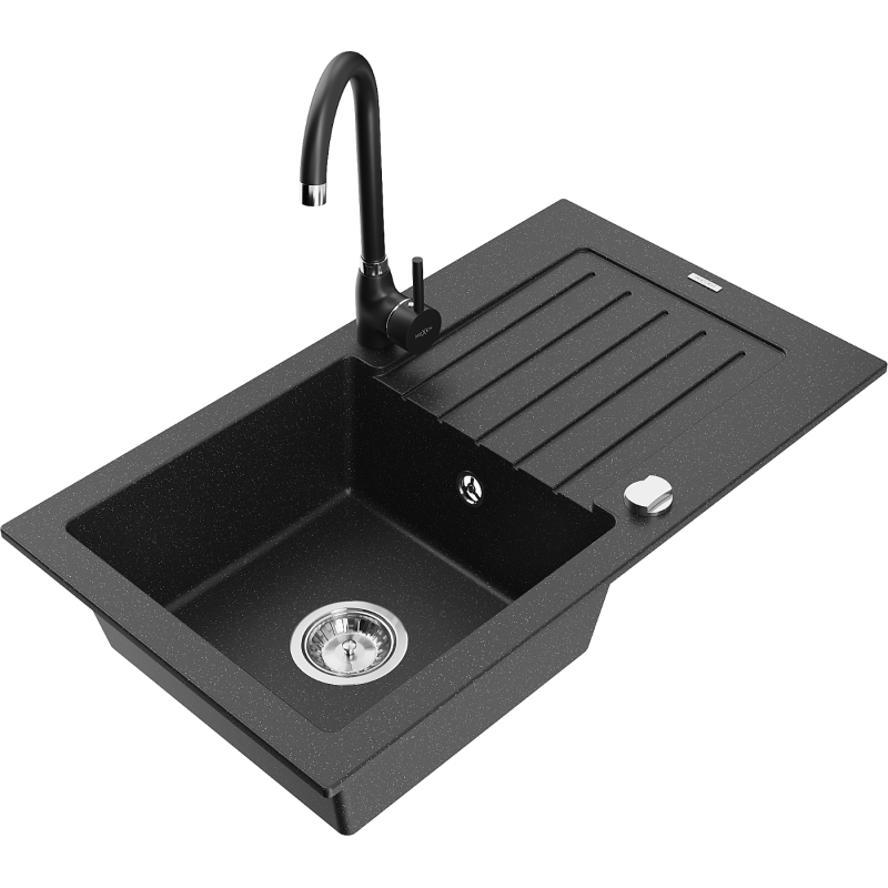 Mexen Pablo granitinis vieno dubens plautuvas su lašėjimu ir virtuvės maišytuvu Telma, juodas/sidabrinis - 6510-73-670200-70