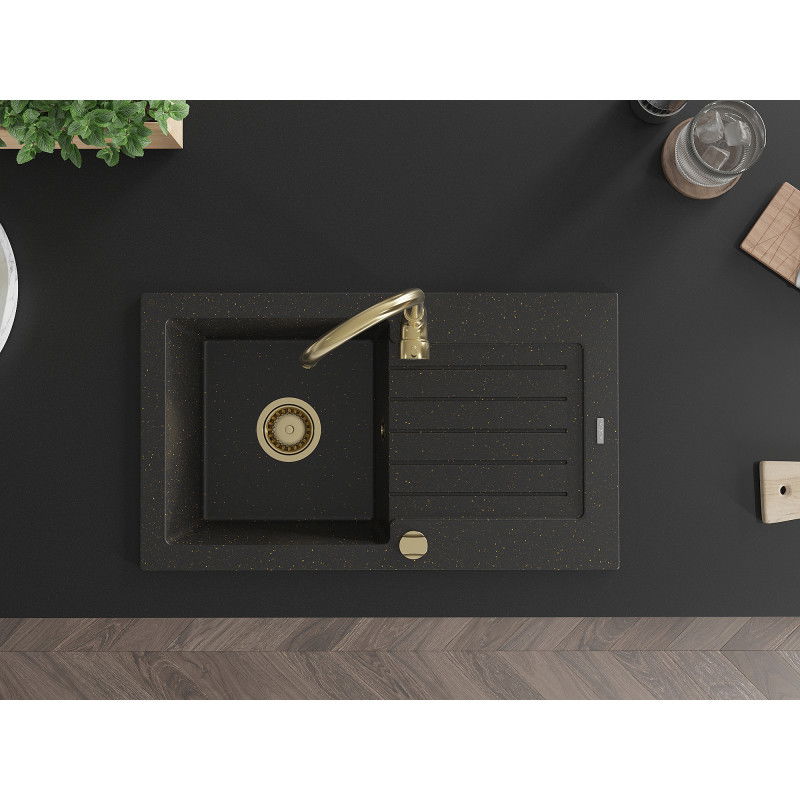 Mexen Pablo granitinė virtuvinė plautuvė su viena kamera ir nusausinimo paviršiumi bei Telma maišytuvu, juodas/auksinis
