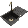 Mexen Pablo granitinė virtuvinė plautuvė su viena kamera ir nusausinimo paviršiumi bei Telma maišytuvu, juodas/auksinis
