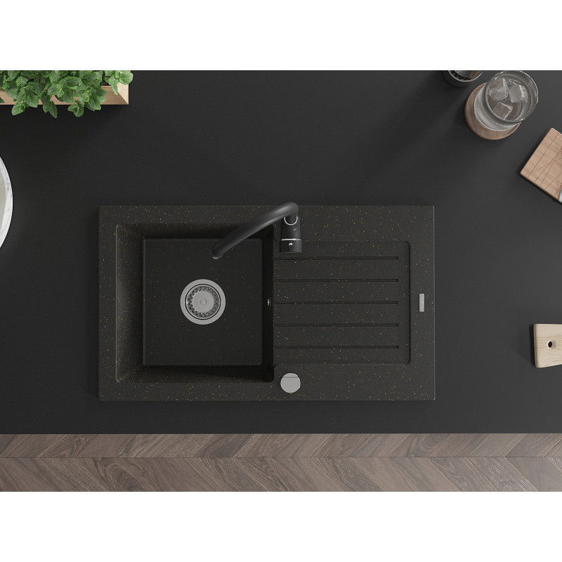 Mexen Pablo granitinis vienos kameros plautuvė su nutekėjimu ir virtuvės maišytuvu Telma, juoda/auksinė - 6510-75-670200-70