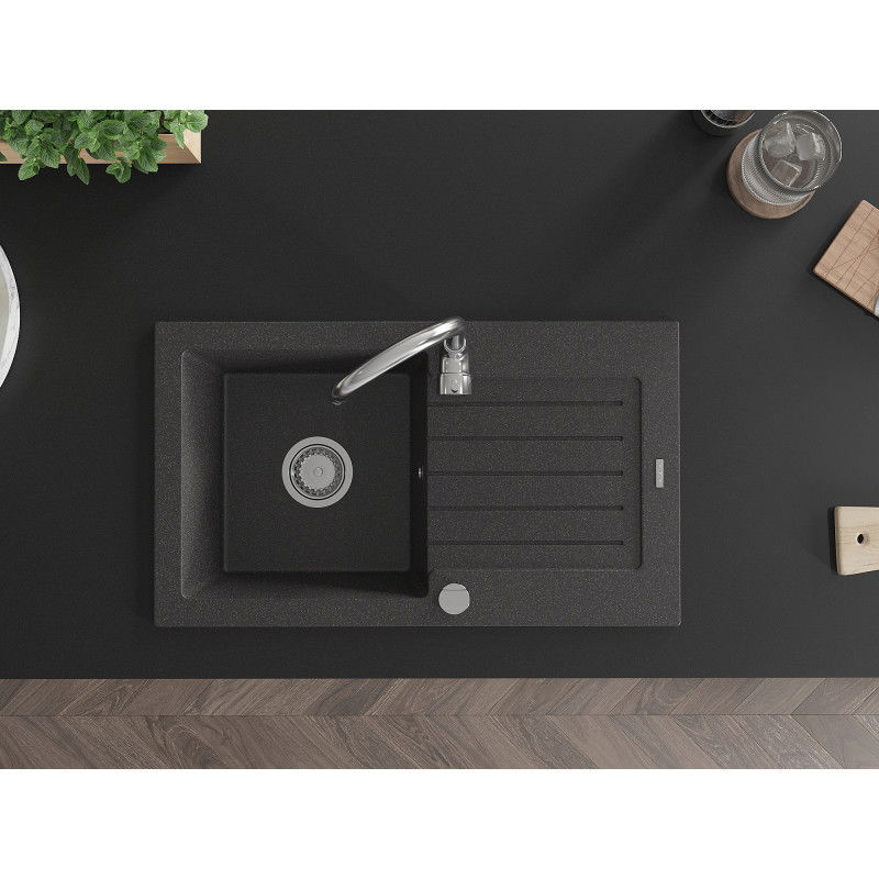 Mexen Pablo granitinė 1-Dubens plautuvė su indų laikikliu ir virtuviniu čiaupu Telma, juoda dėmėtoji - 6510-76-670200-00