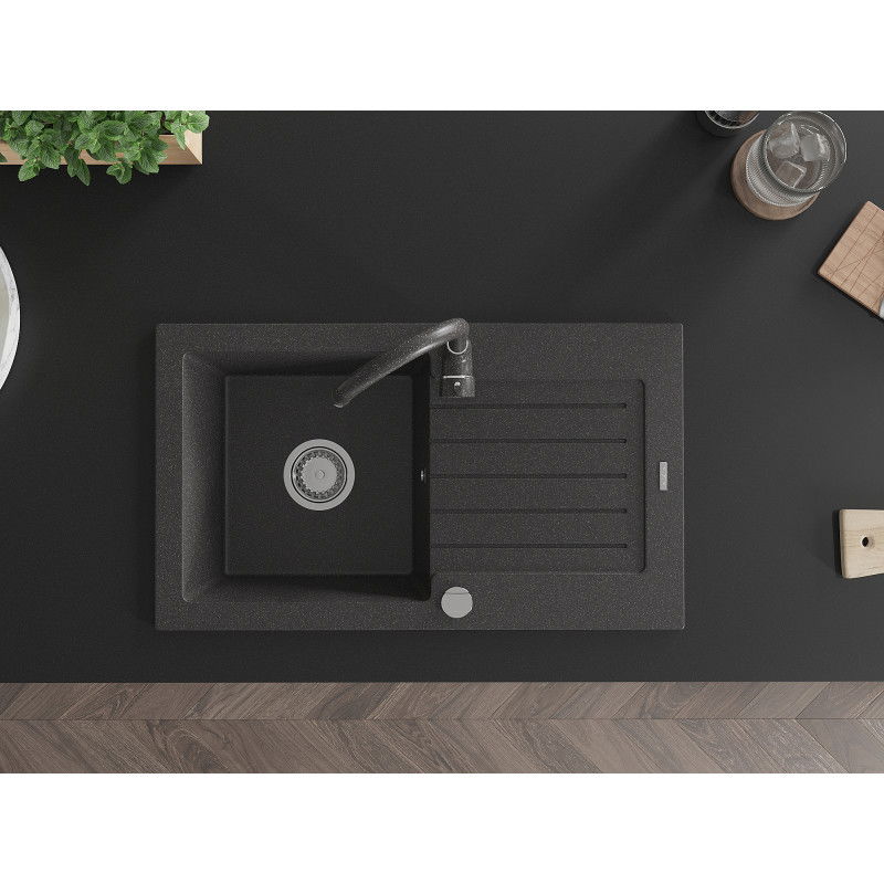 Mexen Pablo vienos kameros granitinė plautuvė su nutekėjimu ir virtuviniu maišytuvu Telma, juodas taškuotas - 6510-76-670200-76
