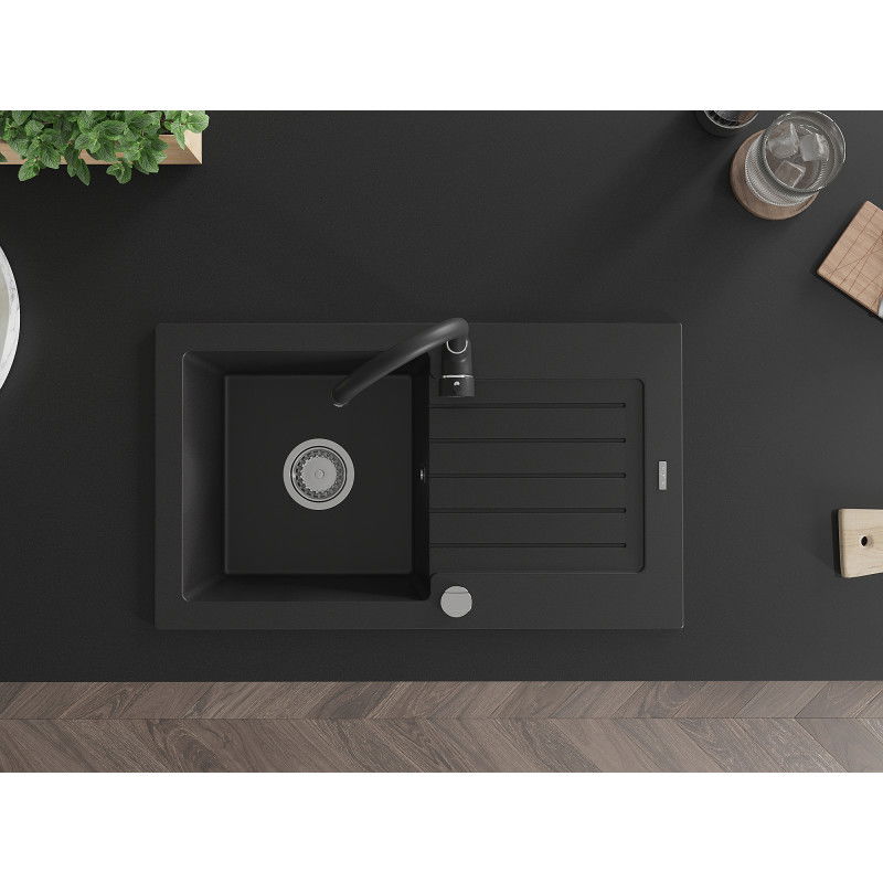 Mexen Pablo granitinė plautuvė su viena talpa, nutekėjimu ir virtuviniu maišytuvu Telma, juoda - 6510-77-670200-70