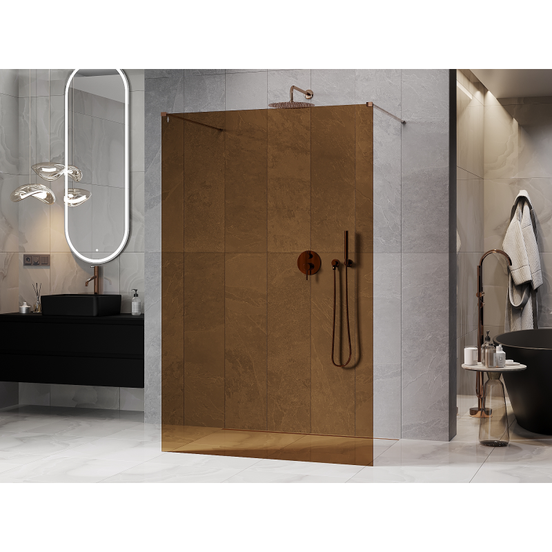 Mexen Kioto Laisvai stovinti dušo sienelė 140 x 200 cm, bronza 8 mm, rožinis auksas - 800-140-002-60-32