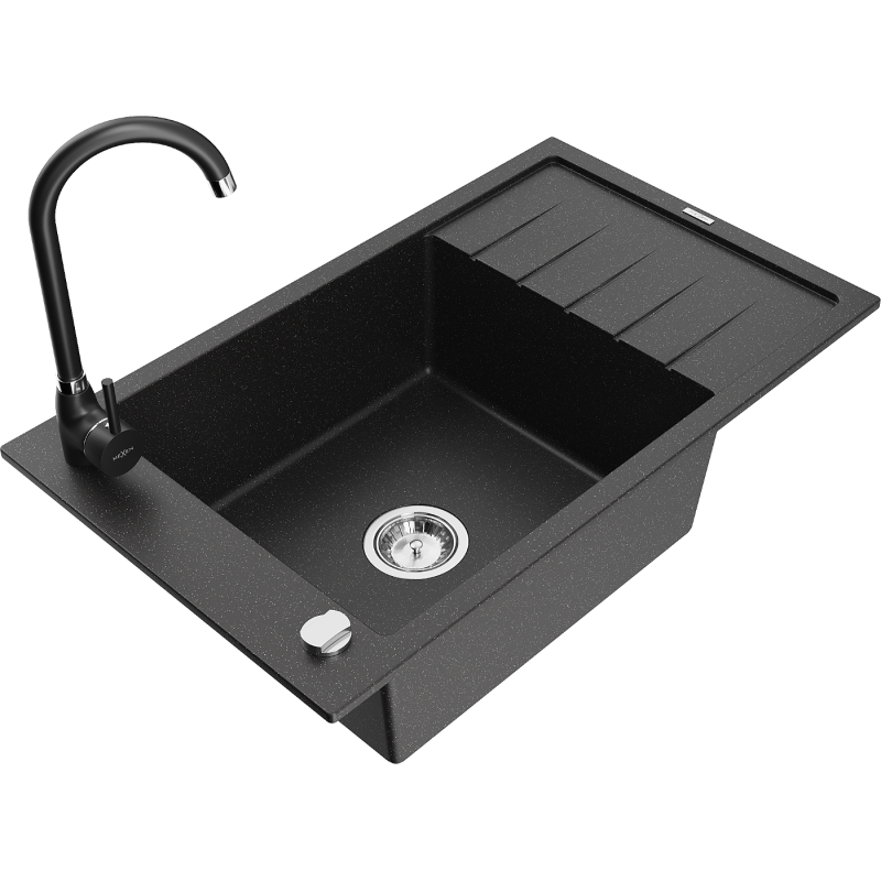 Mexen Elias grindinis vienos kameros plautuvas su nutekėjimo zona ir virtuvės baterija Telma, juodas/sidabrinis