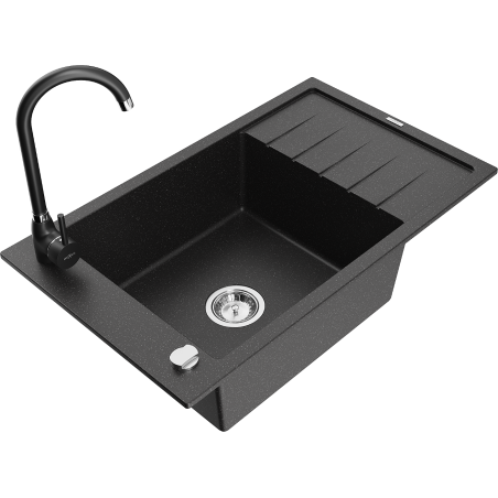 Mexen Elias grindinis vienos kameros plautuvas su nutekėjimo zona ir virtuvės baterija Telma, juodas/sidabrinis