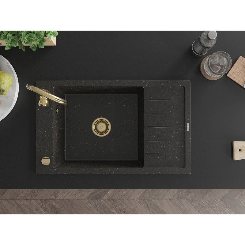 Mexen Elias granito plautuvė 1 kamerų su nusausintuvu ir virtuviniu maišytuvu Telma, juoda/auksinė - 6511-75-670200-50