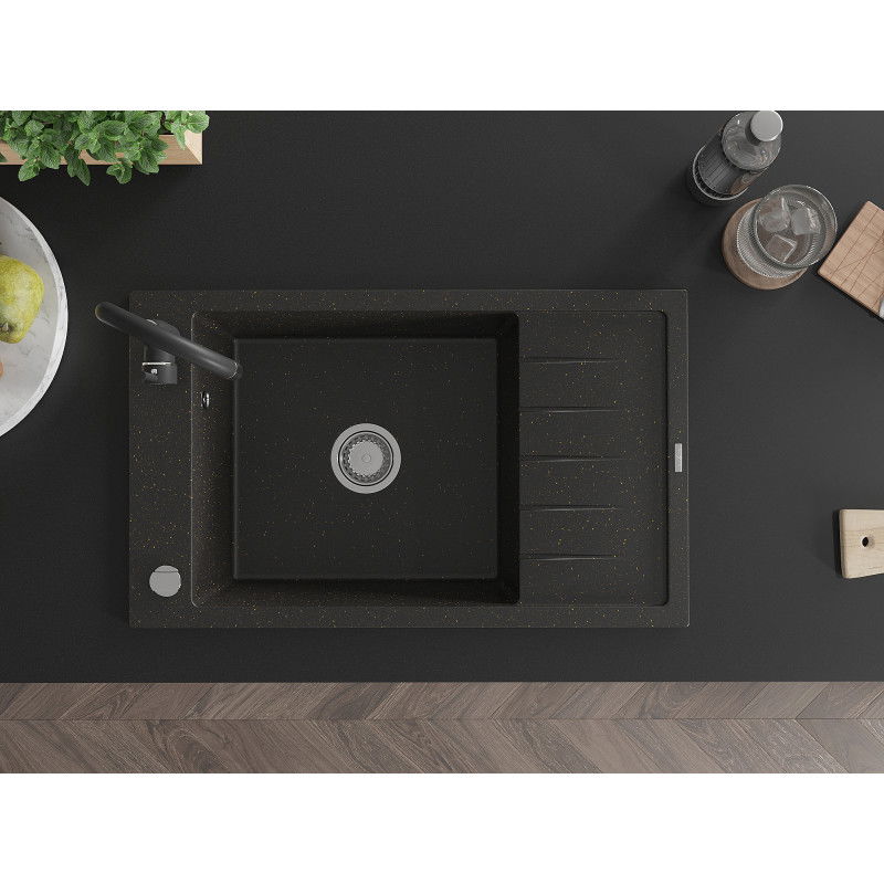 Mexen Elias granito kriauklė, 1 skyrius su nusausintuvu ir virtuviniu maišytuvu Telma, juoda/auksinė - 6511-75-670200-70