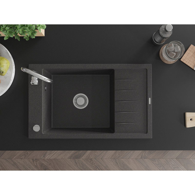 Mexen Elias granitinė vienos plautuvės kriauklė su nutekėjimu ir Telma virtuviniu maišytuvu, juoda taškuota