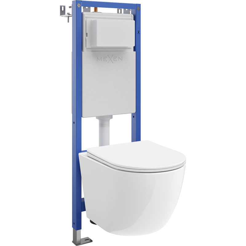 Mexen Lena paketas WC potinkinis rėmas siauras, kampinis Tex W su WC puodu Tornado ir lėtai nusileidžiančiu dangčiu, baltas
