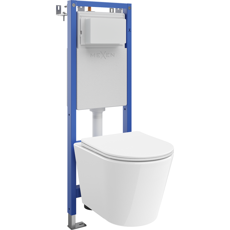 Mexen Rico potinkinis WC komplektas siauras rėmas, kampinis Tex W su WC puodu ir lėtai nusileidžiančiu dangčiu, baltas