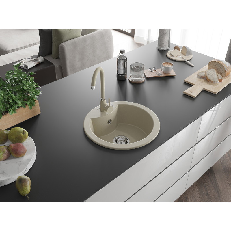 Mexen Diego 1-skyrių granito plautuvė su Telma virtuviniu maišytuvu, smėlio spalvos - 6512-69-670200-69