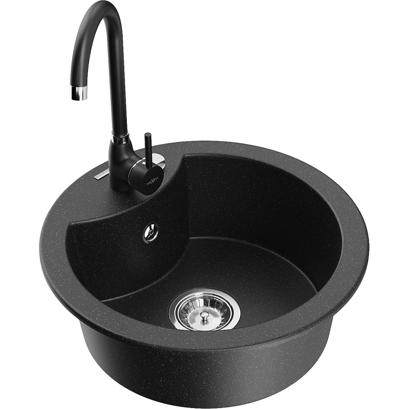 Mexen Diego 1 skyrių granito kriauklė su Telma virtuviniu maišytuvu, juoda/sidabrinė - 6512-73-670200-70