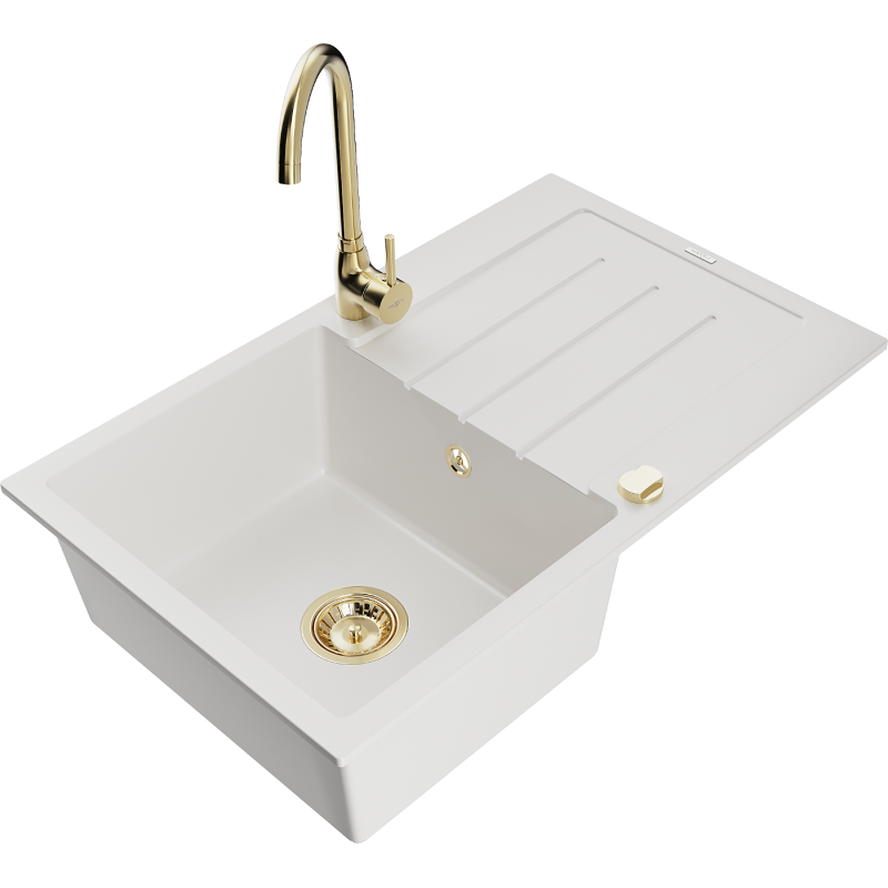 Mexen Bruno vienos kameros granitinė plautuvė su nusausinimu ir virtuvės maišytuvu Telma, balta - 6513-20-670200-50