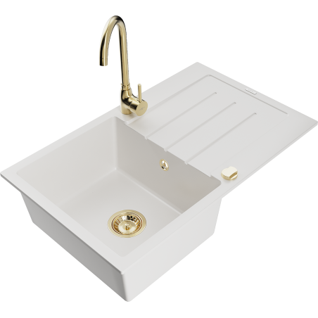 Mexen Bruno vienos kameros granitinė plautuvė su nusausinimu ir virtuvės maišytuvu Telma, balta - 6513-20-670200-50